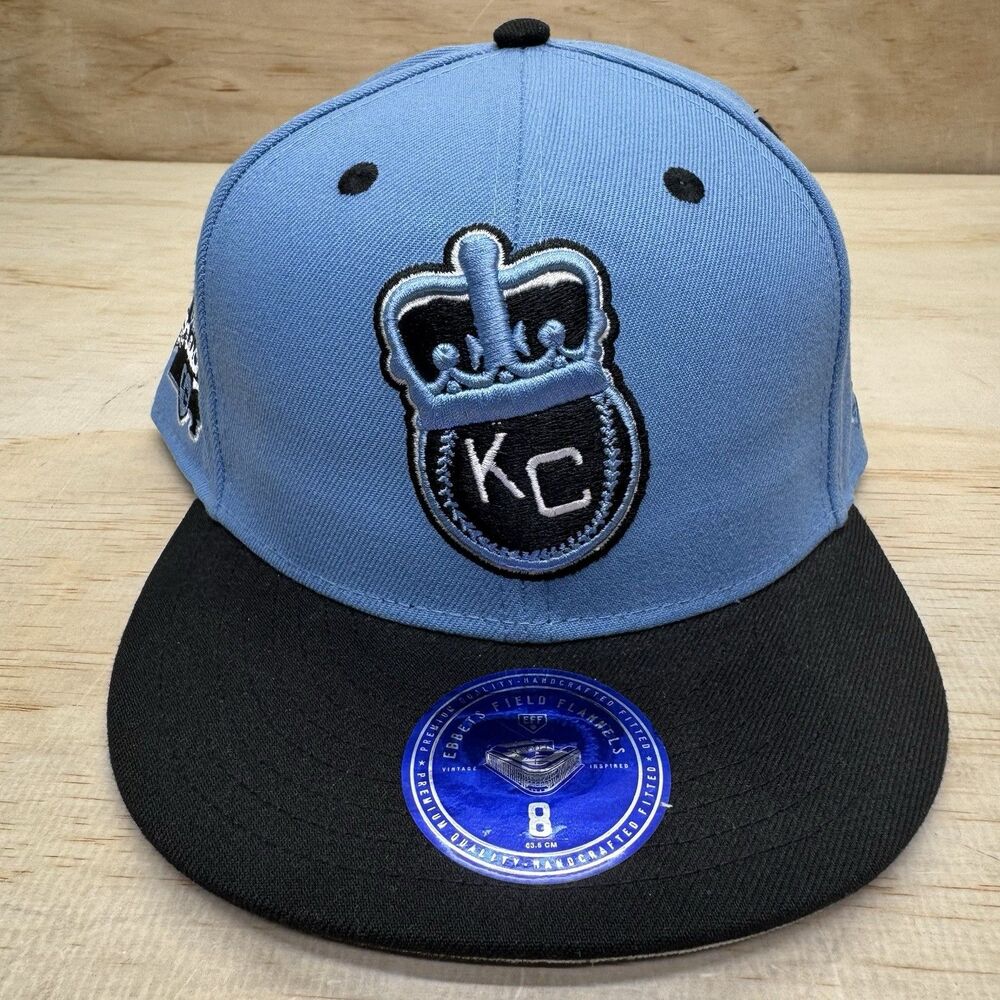 NEW Kansas City Monarchs Ebbets Field Flannel NLB Fitted Hat Cap Sz 8 Sky Blue